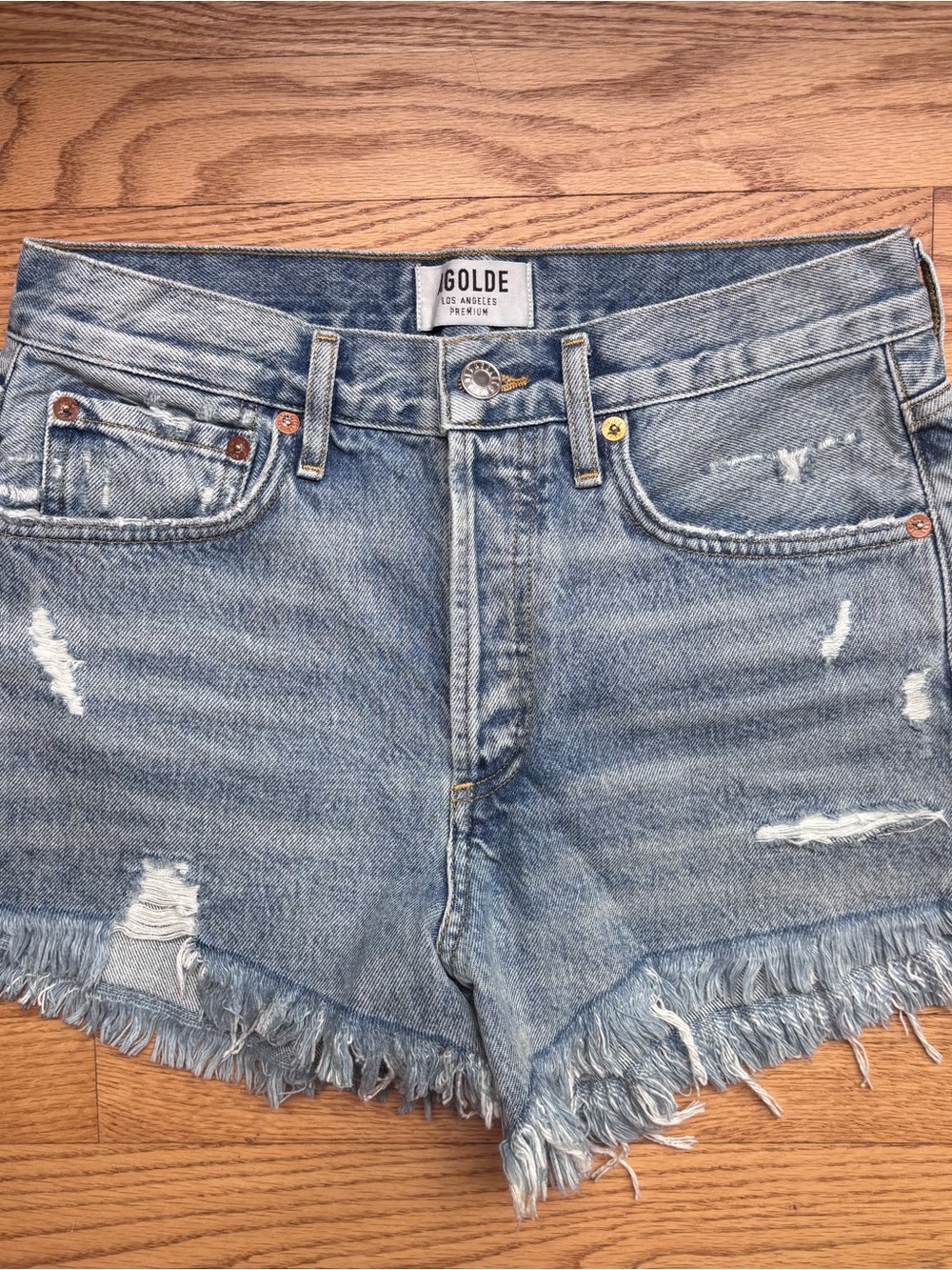 AGOLDE Swapmeet Light Blue Distressed Denim Shorts